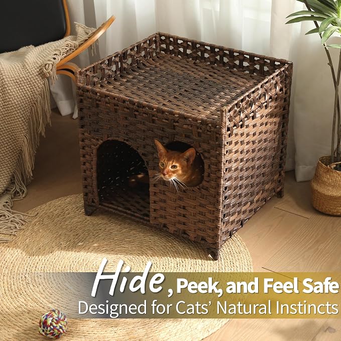 Handwoven Wicker Cat House with Peekaboo Window, for 1-2 Cats Under 20 lb | Woven wicker and raised base for airflow, cool for summer use. Natural furniture look. Rinse clean. Pop open and no assembly.