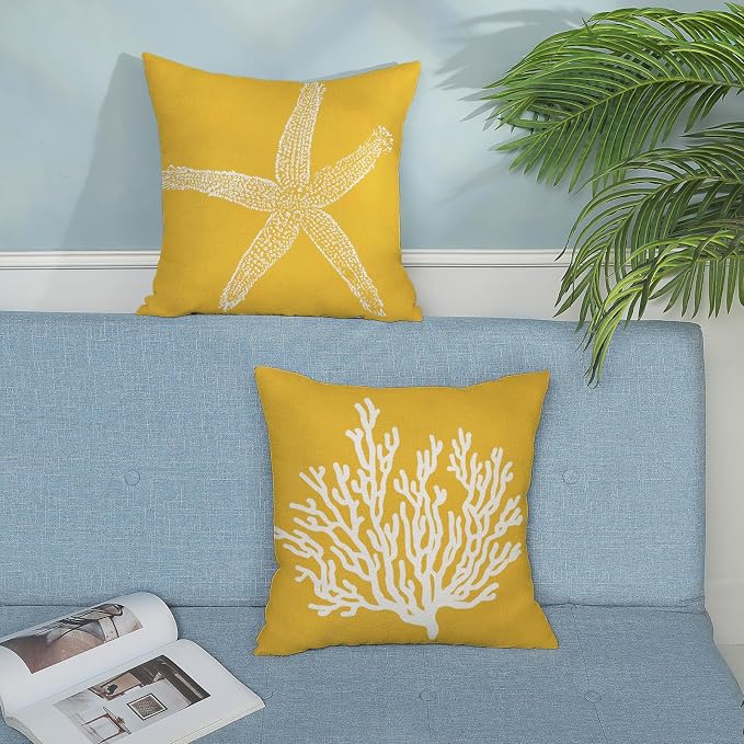 Coastal Pillow Covers 16x16 Set of 2 Yellow Coral Starfish Throw Pillows Nautical Ocean Decorations Summer Linen Beach Pillowcase Outdoor Decor Yellow Farmhouse Cushion Case for Home Bedroom