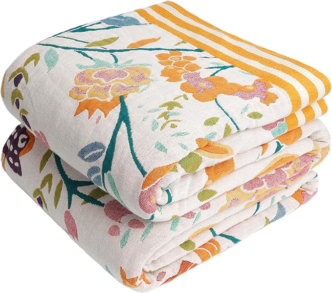 VANJOROY Boho Throw Blanket, 100% Organic Cotton Breathable Ultra Soft 80" x 90" Bed Quilt Throw - All Season Floral Rustic Farmhouse Decor Luxury Reversible Blanket for Sofa Couch Chair and Gift