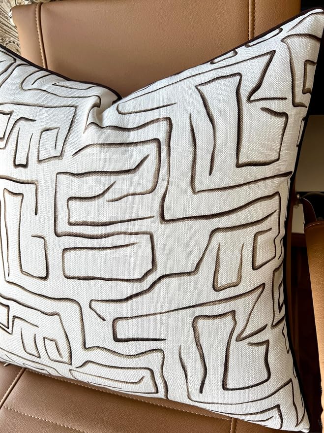 Abstract Line Art Print 20x20 Throw Pillow Cover, Brown | Brown abstract line art on off-white slub, brown piping; both sides printed; hidden zip; cover only