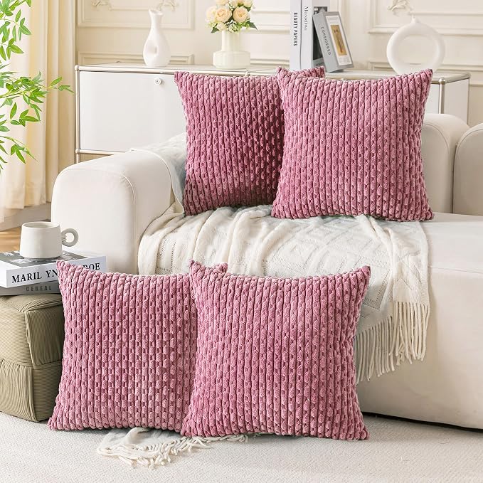 Set of 4 Pink Decorative Throw Pillow Covers 16x16 Inch Corduroy Pillow Covers for Bed Couch Sofa Living Room Soft Square Cushion Cases
