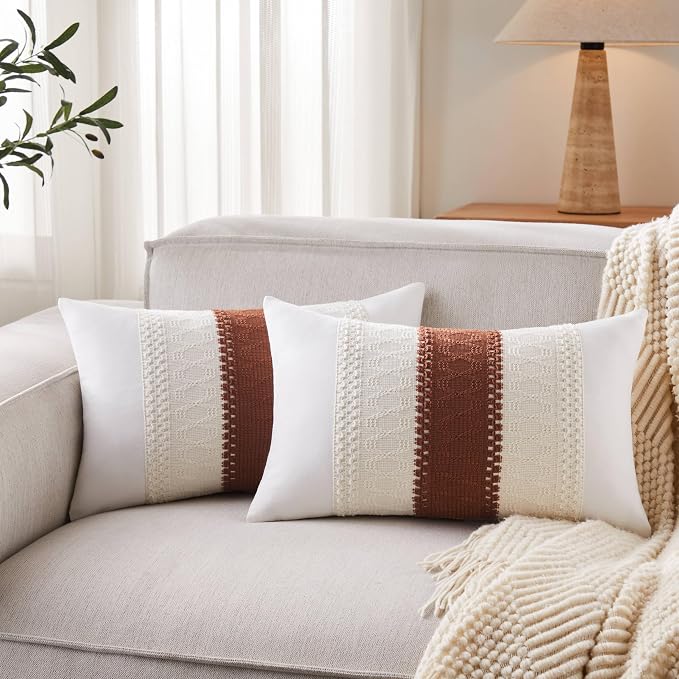 2pk Boho Pillow Covers 12x20, Natural White/Contrast/Terracota | 100% Organic Cotton Body, Stripe Embroidery, Farmhouse Decorative Cushion Covers for Sofa Bed Living Room Home Decor