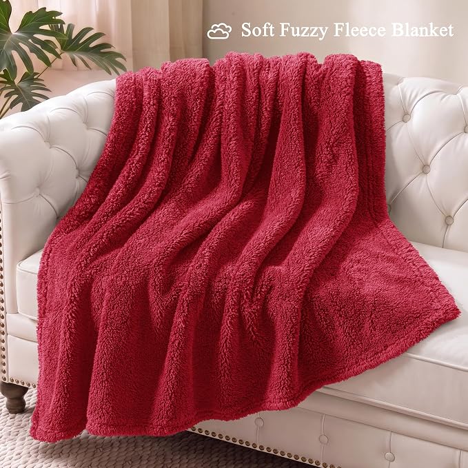 Exclusivo Mezcla Soft Plush Fleece Throws Blanket for Couch Sofa Bedroom | Lightweight Fuzzy Fluffy Blanket for All Seasons, Cozy Velvet Throws for Women Men, Machine Washable, 50"x60", Deep Red