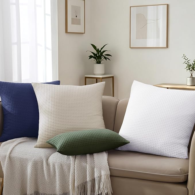 100% Egyptian Cotton 600 TC Waffle Weave Throw Pillow Covers 4 Pack | Ultra Soft Breathable Euro Pillow Shams Covers, Decorative Cushion Covers for Bed Couch Sofa Car, Navy Blue, 26" x 26"