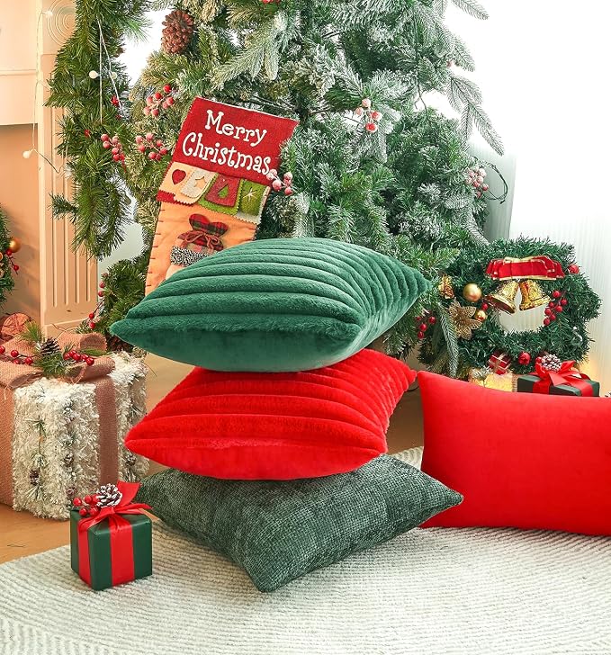 Pack of 2 Christmas Red Pillow Covers 16x16 Inch Decorative Throw Pillow Cover, Velvet Pillowcases for Couch Sofa Bed, Home Boho Decor, Modern Soft Cushion Covers