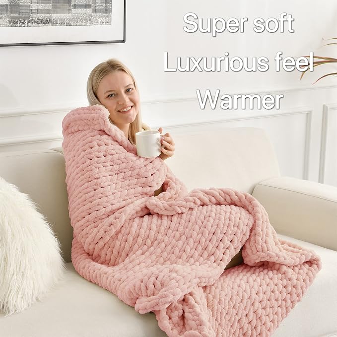 Maetoow Chenille Chunky Knit Blanket,Handmade Cozy for Home Decor,50×60,Rose Pink