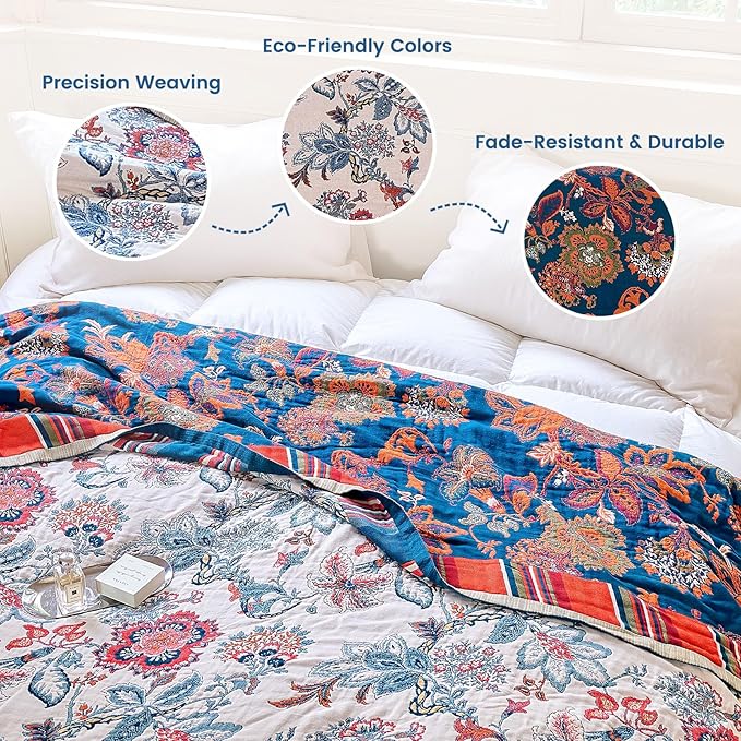 MSGKV Boho Throw Blanket 90"x108" Summer Cotton Floral Blanket for King | Muslin Throw, Floral Pattern, Reversible Woven, Lightweight Comfort, King Size Blanket, Farmhouse Decor, Machine Washable