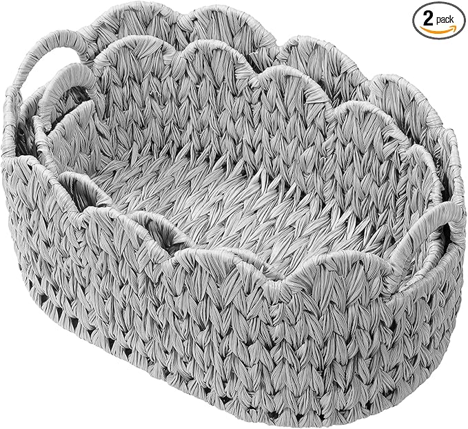 Coeusy Wicker Scalloped Basket Set of 2,Woven Storage Baskets for Shelves,Closet,Laundry,Gift,Towels,Books,Toys,Waterproof Cute Decor Basket for Organizing,Grey
