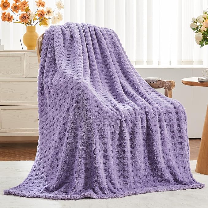 NEWCOSPLAY 3D Waffle Checkered Flannel Throw Blanket, Lavender, 50"x70" | Super Soft Cute Lightweight Decorative Premium Silky Fleece Blanket for Couch Sofa Bed, Gift for Women Men, All Season Use