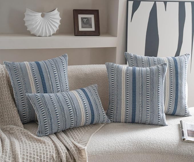 Cethom Boho Throw Pillow Covers 18x18 Inch Set of 2, Farmhouse Decorative Couch Pillow Cases, Blue Accent Pillows of Bed, Sofa Bedroom Living Room Home Decor Cushion Cover