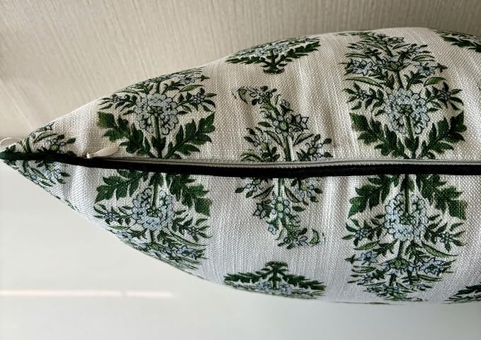 Green Floral Bouquet Print 20x20 Throw Pillow Cover, Green | Green Floral Bouquet sprigs on off-white slub, green piping; both sides printed; hidden; cover only