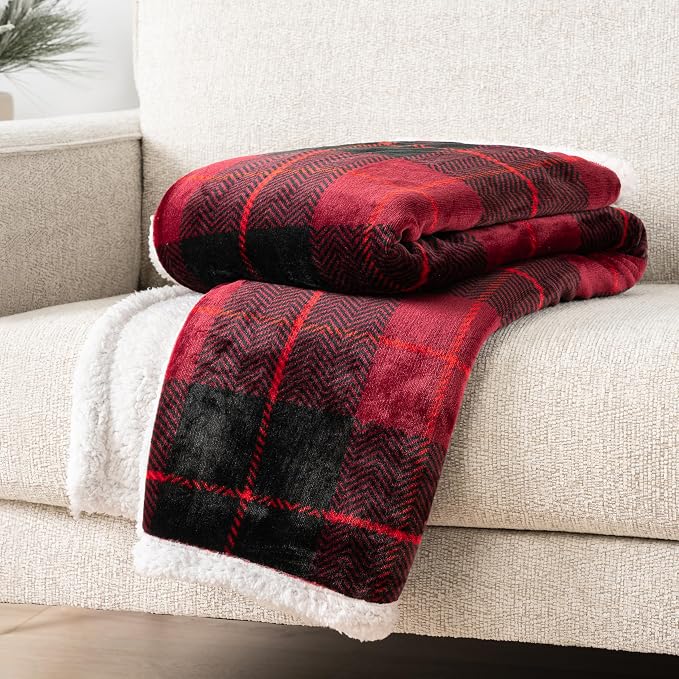 PAVILIA Plaid Sherpa Throw Blanket for Couch Sofa Bed, Black Red, 50x60 | GSM 460; Soft Plush Flannel Fleece; Warm&Cozy for Home; Machine Washable, Perfect Cabin Decor Winter Holiday Christmas Gift