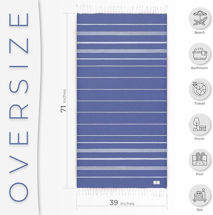 Ossano Turkish Beach Towel Compact & Luxury Extra Large (39" x 71") - Quick Dry, Versatile and Functional as Yoga Mat, Airplane and Travel Blanket, Bath and Body Towels - Sax Blue