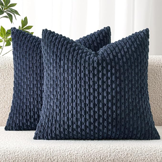 MIULEE Decorative Throw Pillow Covers 20x20 Navy Blue Textured Corduroy | Pack of 2 Striped Pillow Covers Modern Farmhouse Coastal Home Decor for Couch Bed Sofa Living Room