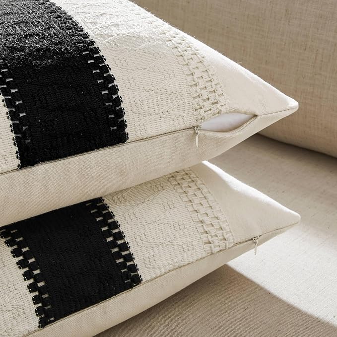 2 Pack Boho Throw Pillow Covers, Contrast Black 18x18in | Soft Breathable Cotton, Farmhouse Decorative Couch Pillow Cases, Cushion Covers for Sofa Bed Living Room Home Decor