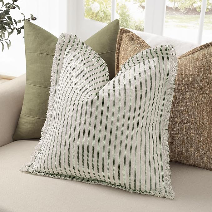 Throw Pillow Covers 26x26 Set of 2 Striped Pillow Covers with Fringe Chic Cotton Decorative Pillows Square Cushion Covers for Sofa Couch Bed Living Room Farmhouse Decor, (Olive Green)