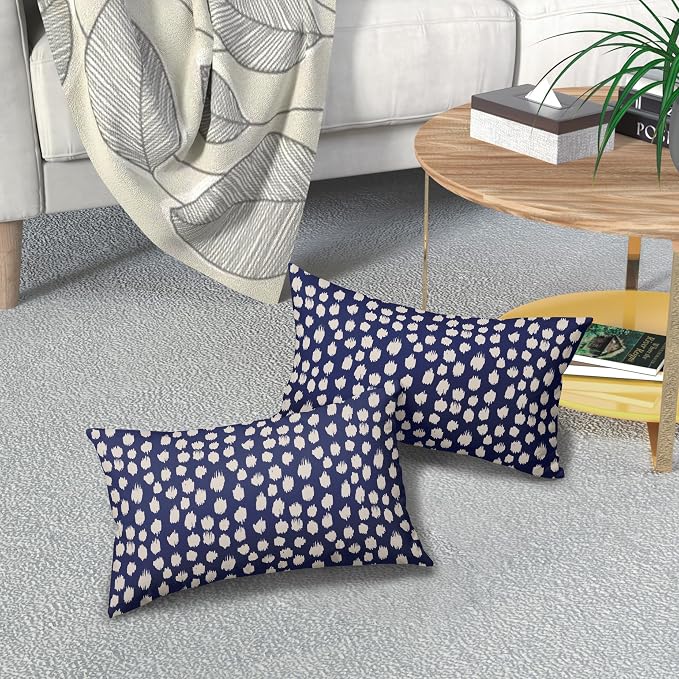 Navy Blue Cream Dots Lumbar Pillow Covers 12x20 Set of 2 Boho Design Polka Dot Print Throw Pillows Modern Outdoor Decorative Pillowcase Rectangle Linen Cushion Cases Decor for Sofa Couch Bed