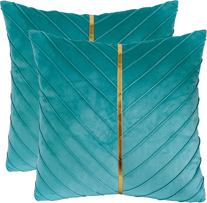 Velvet Throw Pillow Covers 16x16 Pack of 2 Gold Decor Aqua Green | Soft Solid Pillow Covers,Modern Luxury Home Decor,for Couch Chair Sofa Bedroom Livingroom,Hidden Zipper,Ideal Gift,Easy Care