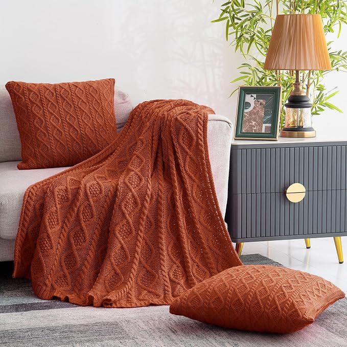 Homiest Rust Cable Knit Throw Blanket Set of 3, with 2 Pillow Covers | Pure Acrylic, Lightweight & Breathable, All-Season Use, Machine Washable, Wrinkle & Fade Resistant, for Couch Bed And Sofa