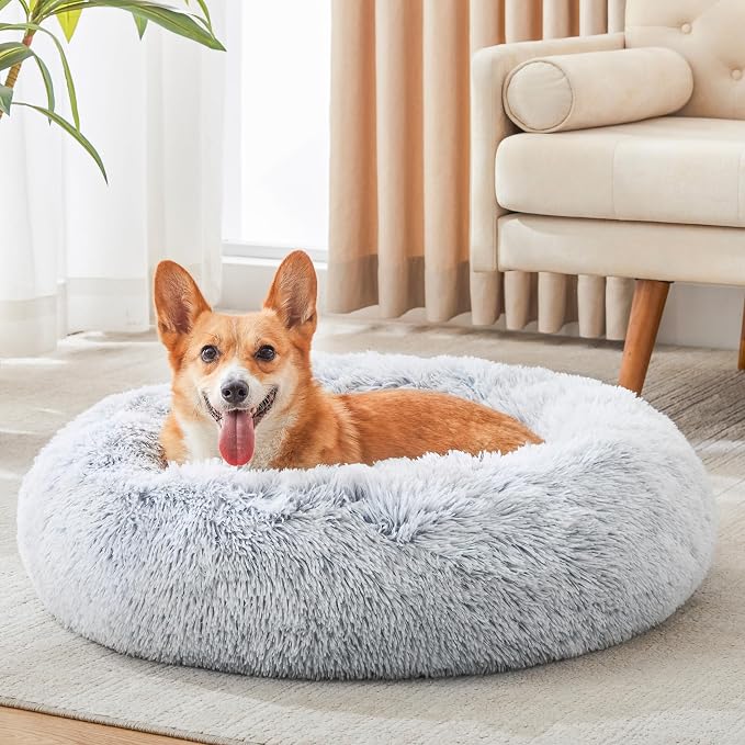 Western Home Calming Donut Medium Dog Bed Washable Pet Bed,30" Light Grey | Fluffy Faux Fur Round Cuddler,Anti-Anxiety,Anti-Slip Bottom,Plush Pet Dog Beds for Medium Sized Dogs,Up to 45 LBS