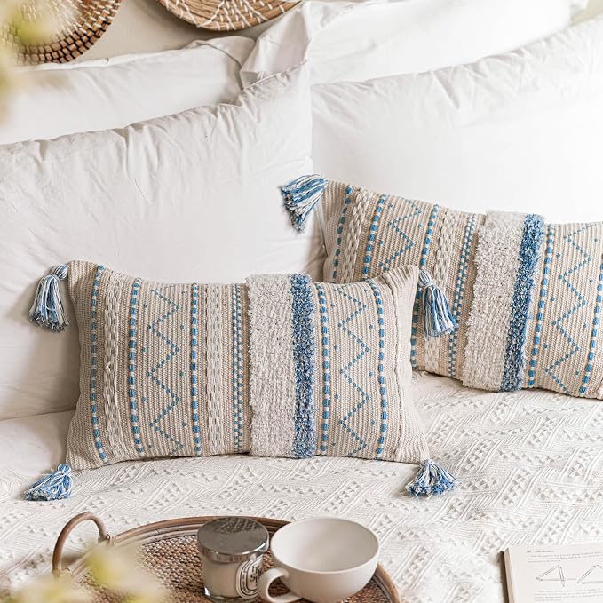 Decorative Lumbar Throw Pillow Covers 12x20 Combo Set of 2 Rectangular Coastal Blue Boho Accent Pillowcase Neutral Farmhouse Cushion for Couch Sofa Bedroom Living Home Décor Cover ONLY