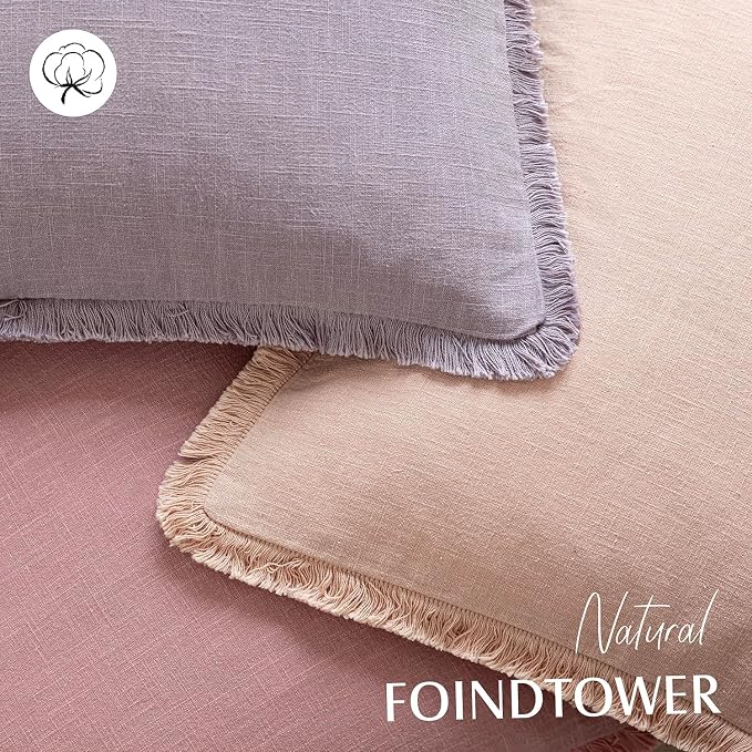 Foindtower Set of 2 Decorative Linen Fringe Throw Pillow Covers Cozy Boho Farmhouse Cushion Cover with Tassels Soft Accent Pillowcase for Couch Sofa Bed Living Room Home Decor,20×20 Inch,Light Purple