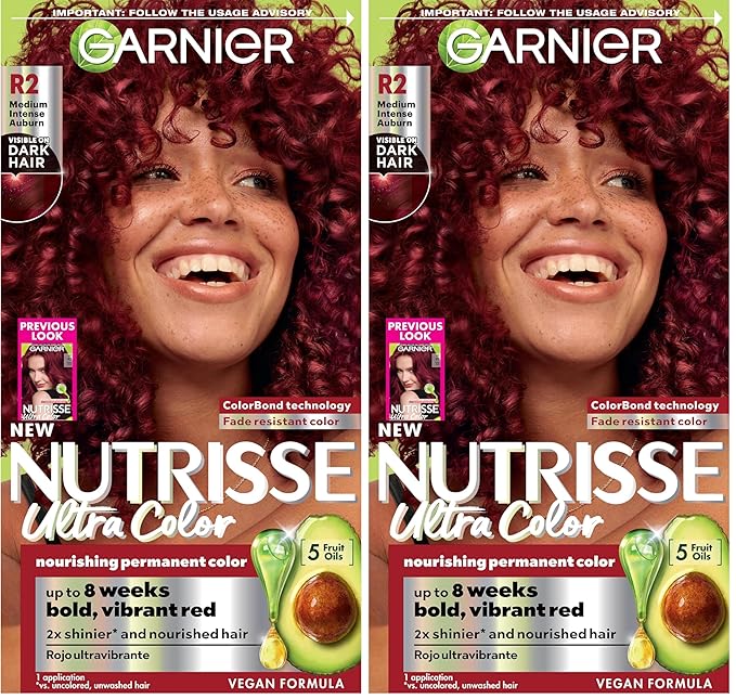 Garnier Hair Color Nutrisse Ultra Color Nourishing Creme, R2 Medium Intense Auburn (Goji Berry) Red Permanent Hair Dye, 1 Count (Packaging May Vary) (Pack of 2)