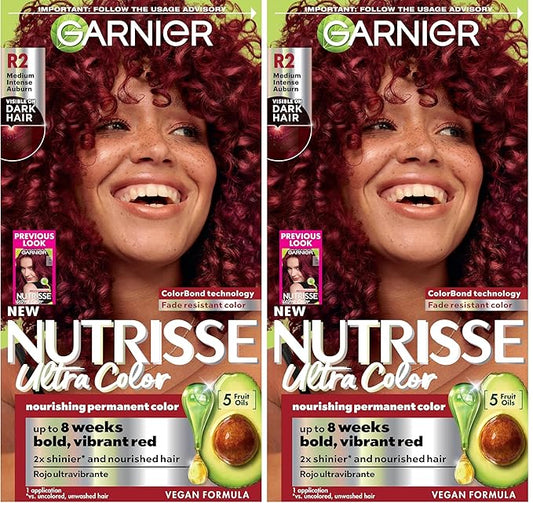 Garnier Hair Color Nutrisse Ultra Color Nourishing Creme, R2 Medium Intense Auburn (Goji Berry) Red Permanent Hair Dye, 1 Count (Packaging May Vary) (Pack of 2)