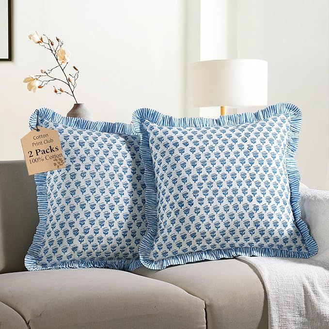 CPC Block Print Ruffle Throw Cover Apatite Blue 20"x20" Inch Pack of 2-100% Cotton Ruffle Couch Decorative Boho Pillows Case for Living Room, Bedroom, Sofa, Farmhouse Gift for Spring, Mother's Day