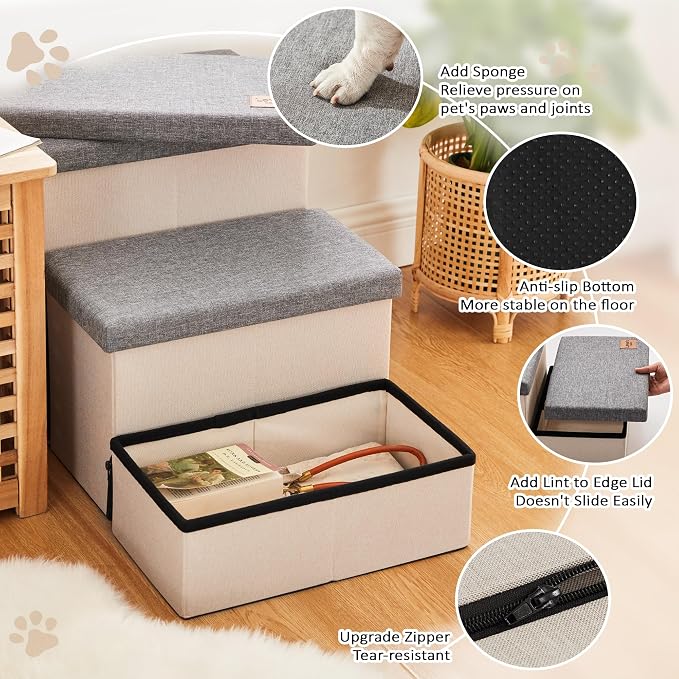 Love's cabin Dog Stairs for High Bed, Foldable Pet Stairs for Small Medium or Large Dogs Puppy with Storage for Bed or Couch, Cat Dog Steps Ramp with Zip up to 200 lbs, Light Grey, 3 Steps