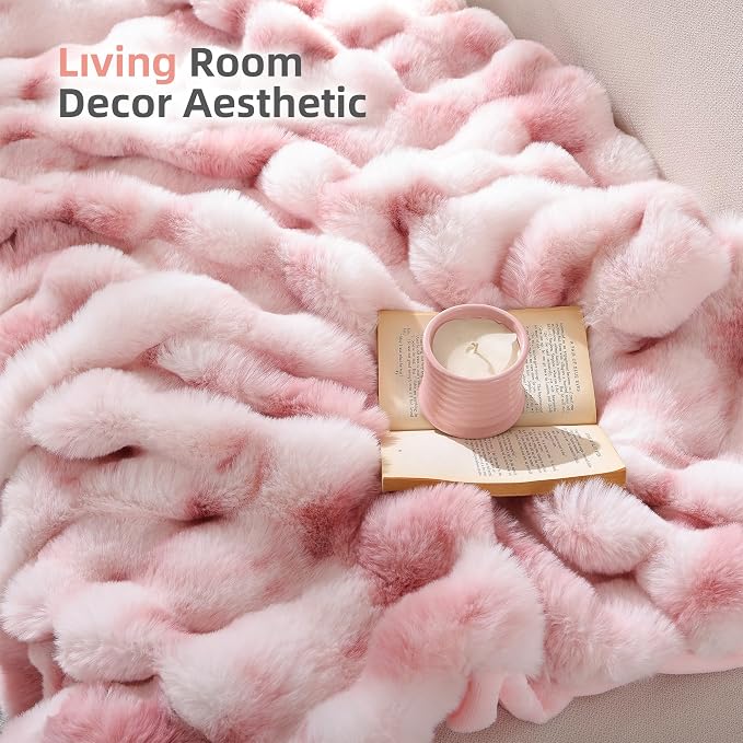 Faux Fur Throw for Couch - Tie-dye Pink Bubble Blanket 50"x60" | Fluffy Plush Fuzzy Throw for Sofa & Bed, Super Soft Cozy Comfrt Blanket, Luxury Aesthetic Pink Decor Gift for Women