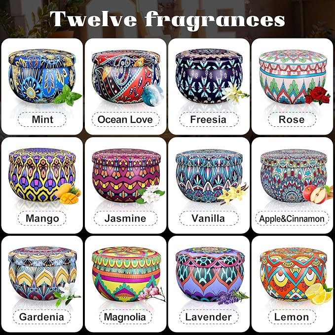 Set of 24 Small Scented Candles Soy Wax Aromatherapy Candles 2.5 OZ Portable Tin Candles with Lid, Relaxation Gifts Basket for Mother, Women, Friends and Coworkers