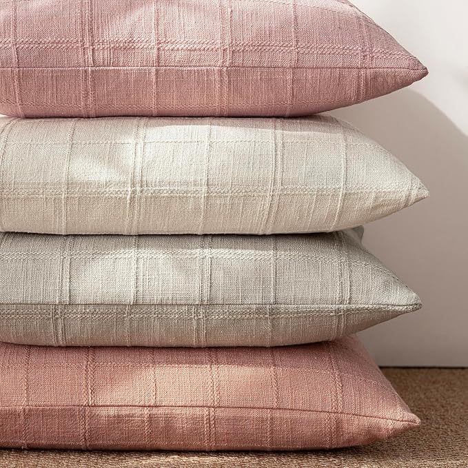 Foindtower Set of 2 Decorative Linen Check Throw Pillow Covers Neutral Farmhouse Lumbar Cushion Covers Modern Boho Accent Home Decor for Sofa Chair Couch Bedroom Living Room,12×20 Inch,Coral Pink