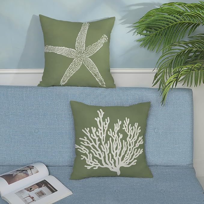 Coastal Pillow Covers 18x18 Set of 2 Sage Green Coral Starfish Throw Pillows Nautical Ocean Decorations Spring Summer Beach Pillowcase Outdoor Decor Linen Farmhouse Cushion Case for Home Sofa