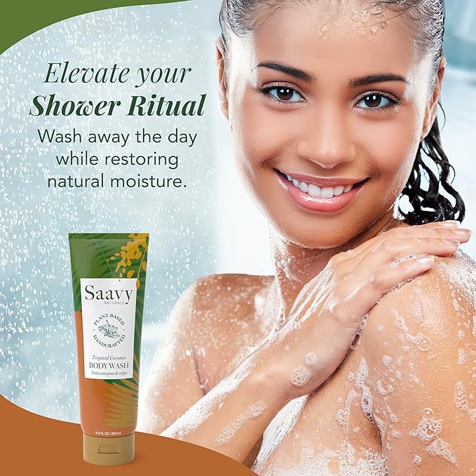 Saavy Naturals Moisturizing Body Wash for Sensitive Skin – Plant-Based & Pure with Coconut Oil, Shea Butter & Aloe Vera – Paraben-Free, Cruelty-Free – Tropical Coconut – 8.5 fl oz, 1 pack