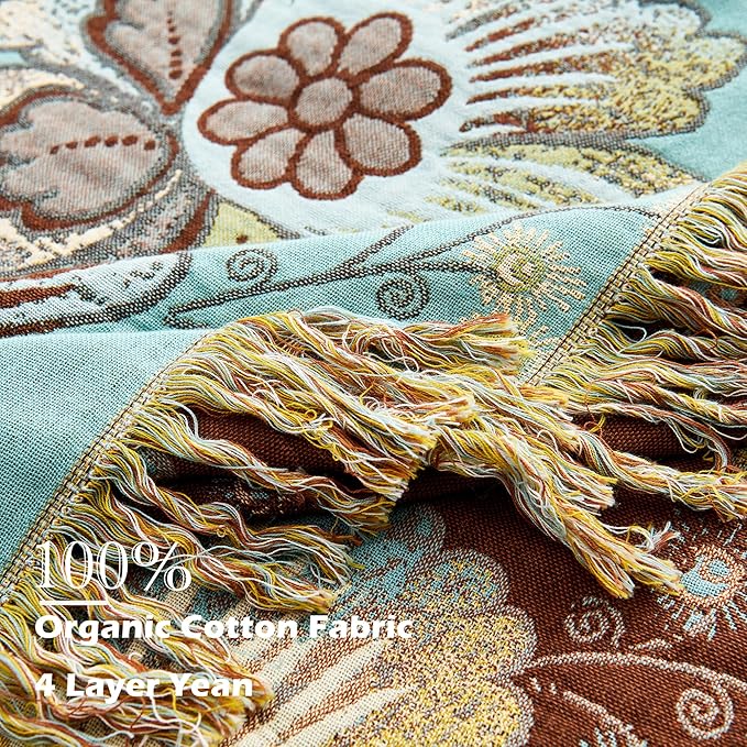 VANJOROY Boho Throw Blanket 60" x 80", 100% Organic Cotton Breathable Skin-Friendly Ultra Soft Bed Quilt Blue Throw - Floral Rustic Decor Luxury Reversible Blanket for Sofa Couch Chair and Gift,