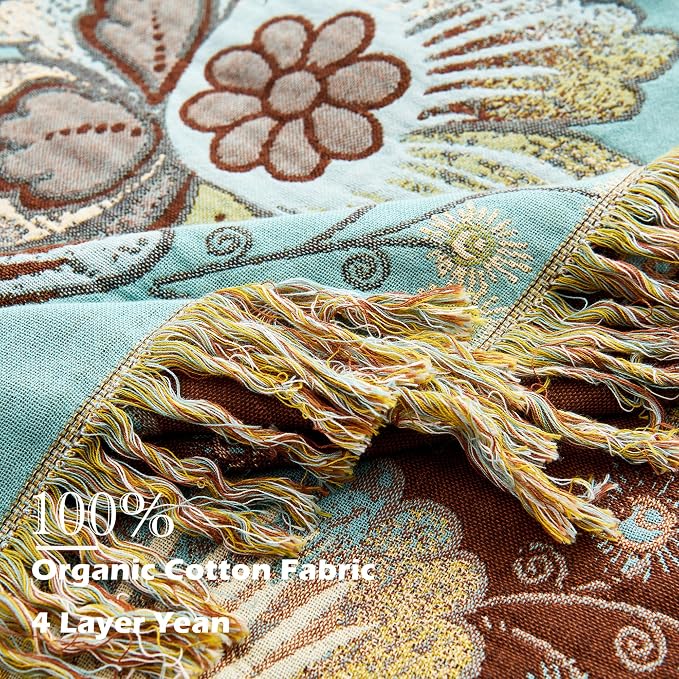 VANJOROY Boho Throw Blanket 80" x 90", 100% Organic Cotton Breathable Skin-Friendly Ultra Soft Bed Quilt Blue Throw - Floral Rustic Decor Luxury Reversible Blanket for Sofa Couch Chair and Gift,