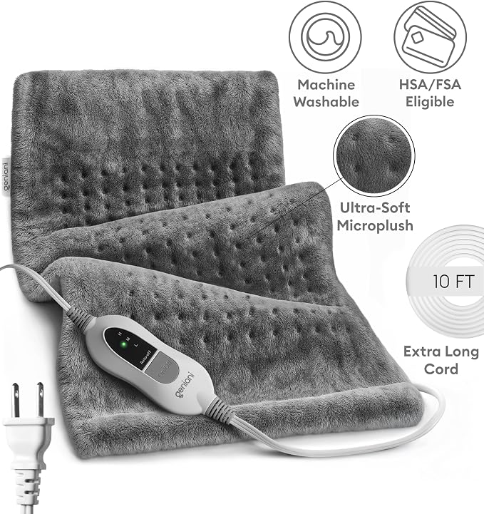 GENIANI XXL 18"x26" Heating Pad for Back Pain & Cramps Relief, Electric Throw - Auto Shut Off, Machine Washable, Heat Pad, for Women, Men, Heat Patches (Tabby Gray)