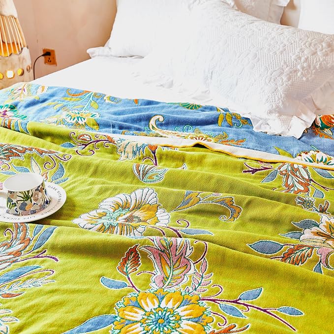 VANJOROY Boho Throw Blanket 60" x 80", 100% Organic Cotton Breathable Ultra Soft Bed Quilt Throw - All Season Luxury Floral Farmhouse Decor Blanket for Sofa Couch Chair and Gift. Green/Blue
