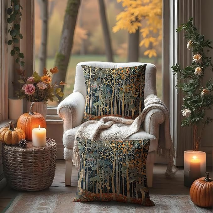 Rustic Autumn Forest William Morris Inspired Pillow Covers 20x20 Set of 2, Fall Home Room Decor, Vintage Botanical NatureDecorative Throw Pillow Covers for Home Bedroom Living Room