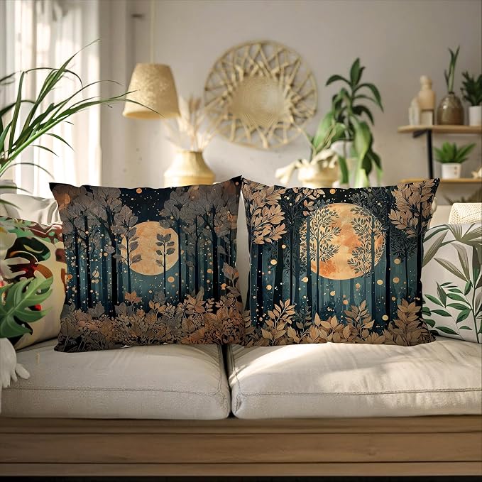 Rustic William Morris Inspired Gold Forest Moon Pillow Covers 18x18 Set of 2,Vintage Black and Gold Moon Nature Landscape Botanical Decorative Throw Pillow Covers for Home Bedroom Living Room