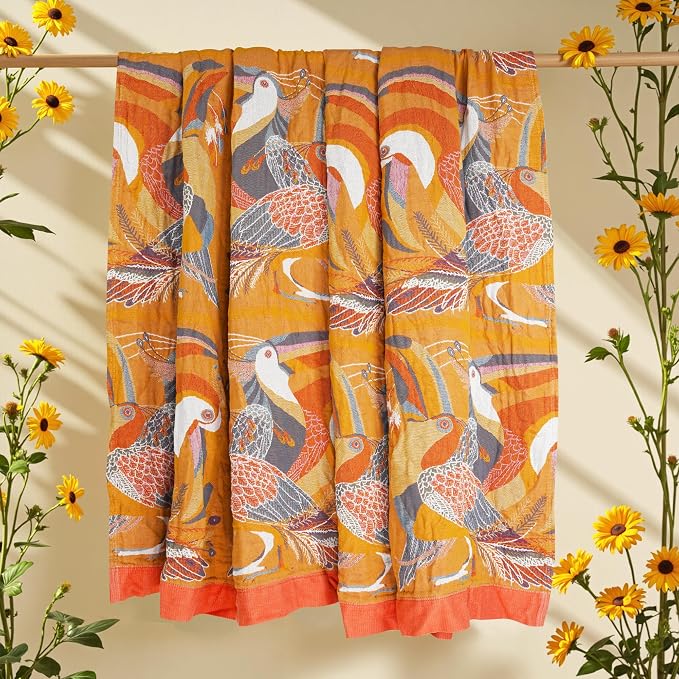 VANJOROY Boho Large Throw Blanket, 100% Organic Cotton Breathable Soft Bed Throw - Floral Bird Farmhouse Decor Blanket for Sofa Couch Chair Quilt and Gift. 60" x 80"- Colorful