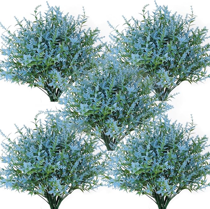 RECUTMS Spring Decoration,Artificial Blue Greenery,Outdoor Fake Flower 36Pc | Fake Shubs stems Outdoor Plants Faux Greenery for Indoor Outside Hanging Plants Garden Porch Window Box Home Farmhouse Décor