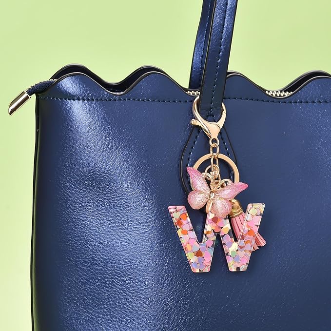 Fashion Alphabet Initial Letter Keychain Tassel Butterfly Pendant Key Ring for Purse Handbags Women Girl