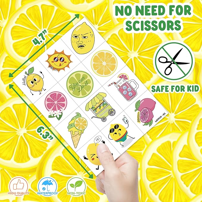 96 PCS Lemon Pre-Cut Temporary Tattoos for Kids | Super Cute Themed Birthday Party Favors, Supplies, Decorations, Funny Lemonade Lime Fake Tattoo Stickers, School Prizes & Gifts Boys & Girls & Rewards