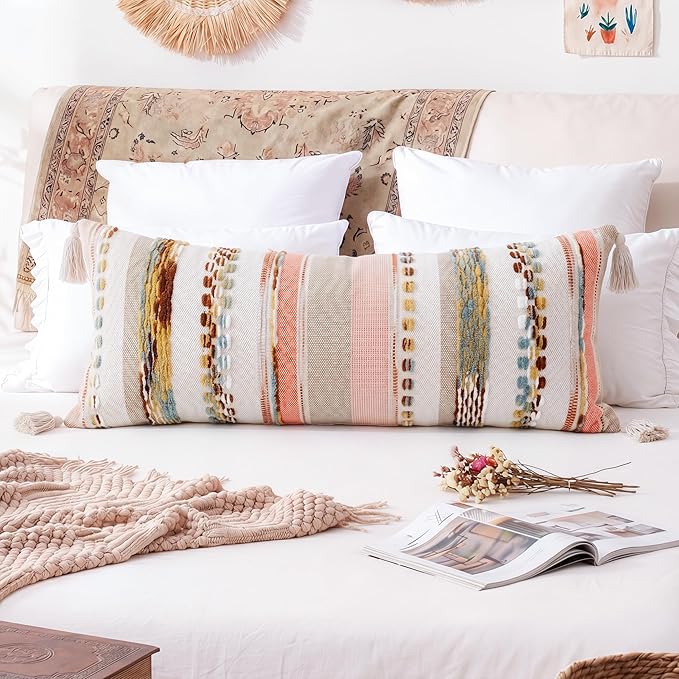 PANOD Boho Long Lumbar Throw Pillow Cover 14 x 36 Red Brown, Chenille Morocan Extra Long Pillow Case Cover, Decorative Long Pillow for Bed Couch Sofa Farmhouse