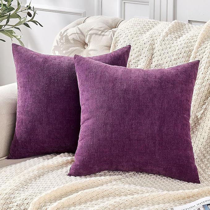 GAWAMAY Decorative Chenille Throw Pillow Covers 24x24 Inch Pack of 2, Soft Square Couch Pillow Cover for Sofa Cushion Living Room Bedroom Solid Dyed Pillowcases Purple 60x60cm (ONLY Covers)