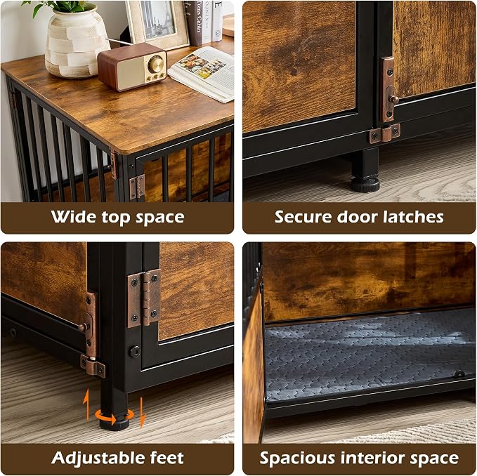 KOOPRO 43.7" Dog Crate Furniture w/Cushion for Large Dog, Heavy Duty Kennel | Wooden with Double Doors Indoor, Decorative Pet House Dog Cage Side End Table, Rustic Brown