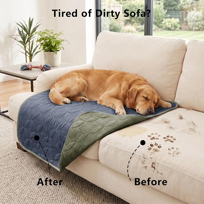 Waterproof Couch Cover for Dogs - Washable Pets Furniture Protector | TPU Leak-Proof Liner, Lightweight & Reversible, Fits Chair, Sofa, Bed, 30" x 30" , Blue/Green