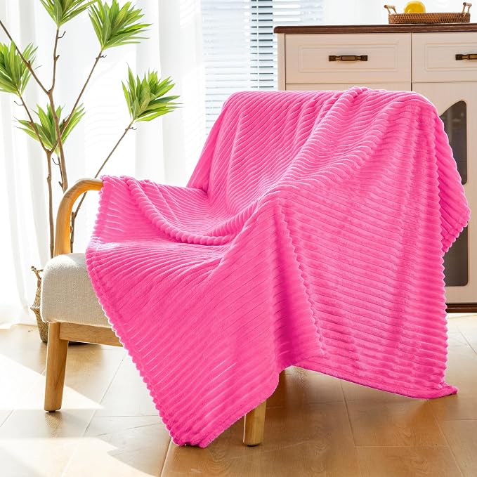Vessia Flannel Fleece Throw Blanket for Couch,Sofa,Bed, 300GSM Striped Hot Pink Blanket for Adults and Kids, Super Soft Warm Cozy Lightweight Ribbed Throw for All-Season